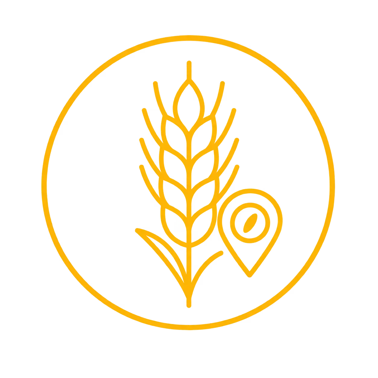 Orange outline of a wheat stalk with a location pin marked with a grain inside, all enclosed in a circle on a transparent background.