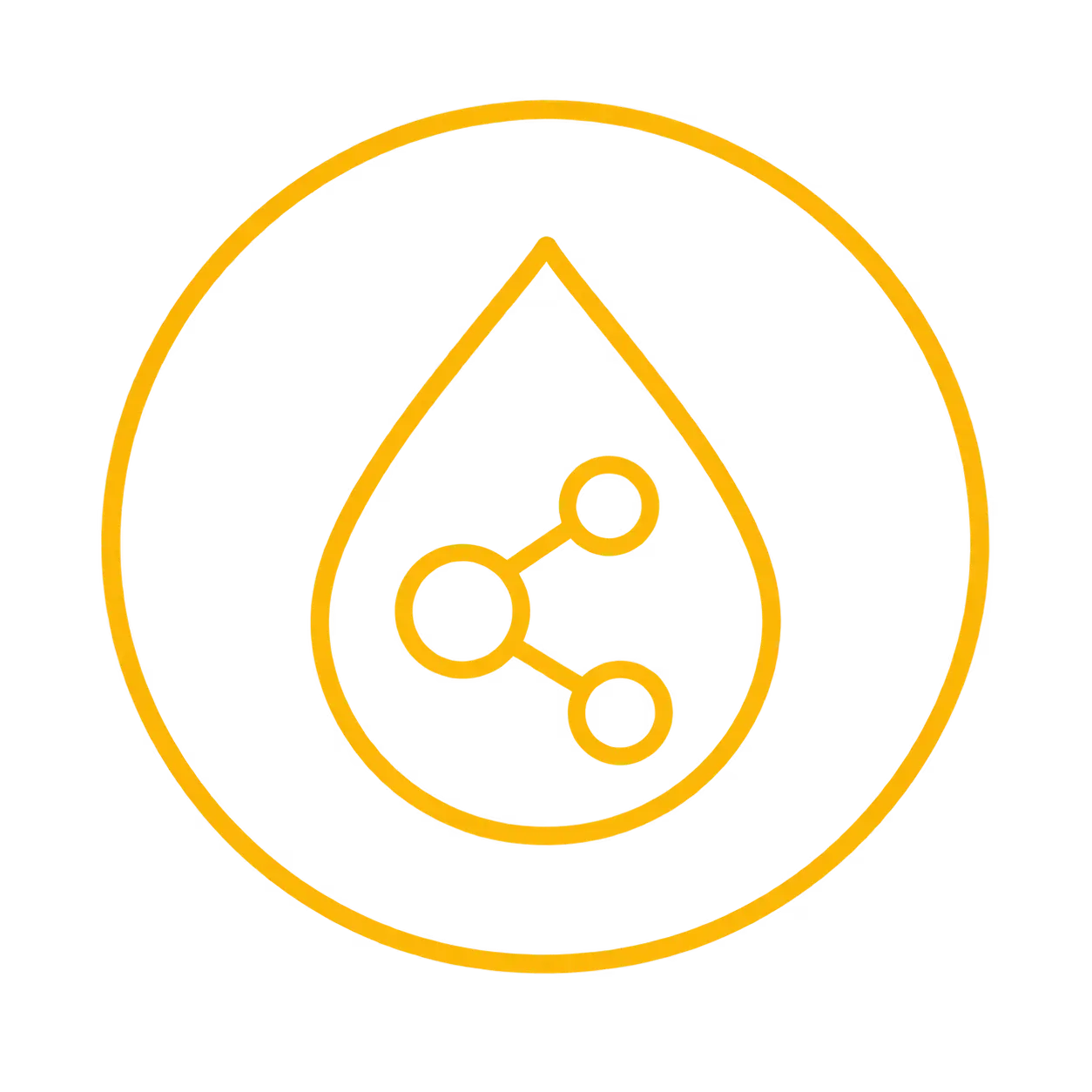 Yellow outline of a droplet with connected molecular nodes inside, surrounded by a circular border on a transparent background.